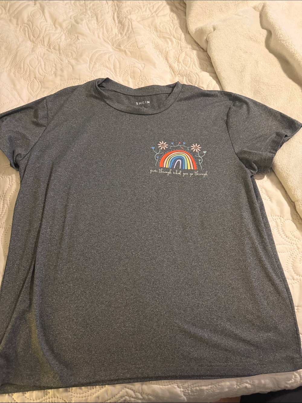 SHEIN Gray Tee with Rainbow & Floral Chest Graphic